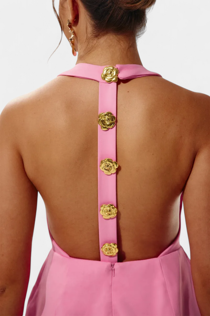 Yvonne Robe Mini Décolleté Halter avec Dos Nu et Détail Floral