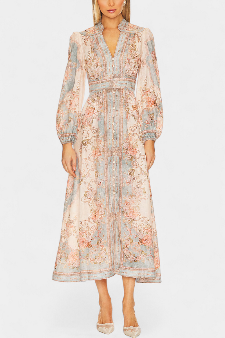 Dorotila Robe Maxi Évasée avec Imprimé Floral, Boutons et Manches Bouffantes