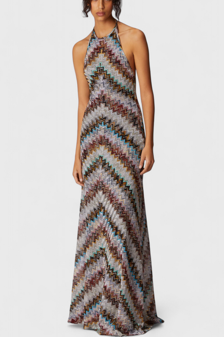 Robe Longue Halter Melisa avec Zigzag Lamé et Fini Iridescent