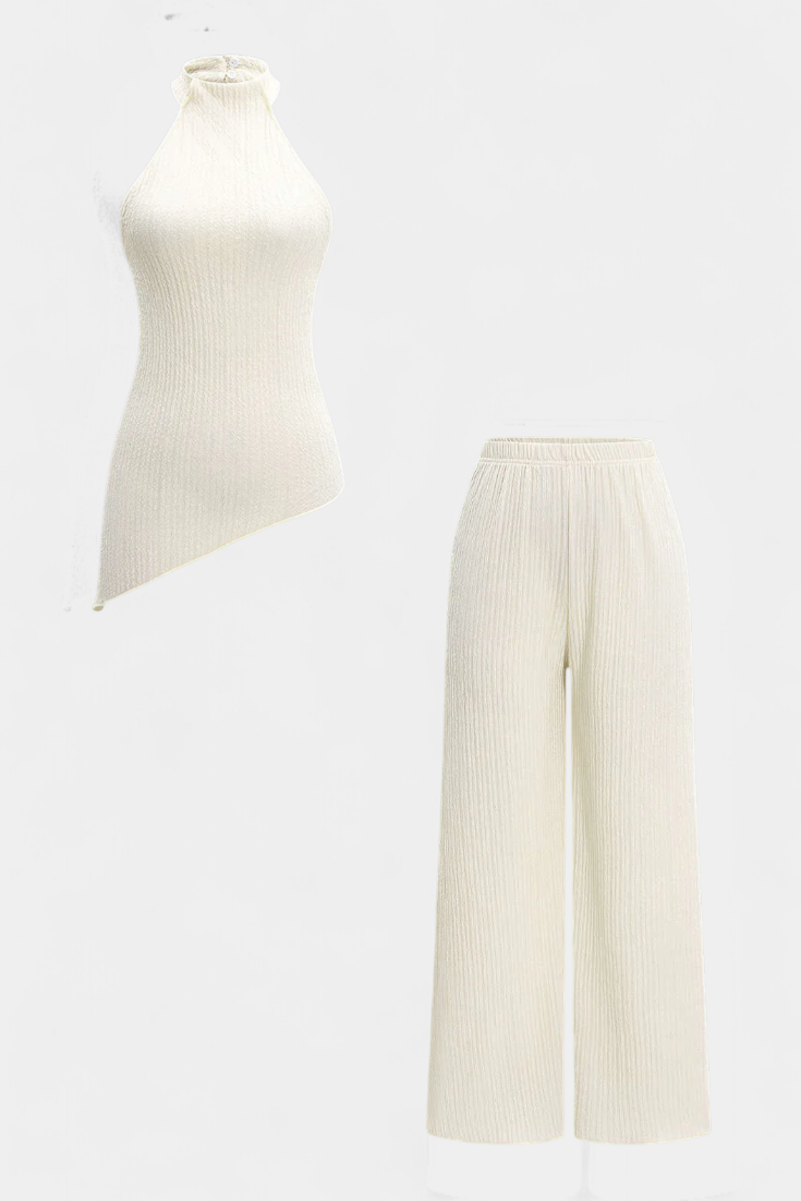 Ensemble Plissé Pilarica avec Top Asymétrique Halter et Pantalon Fluide