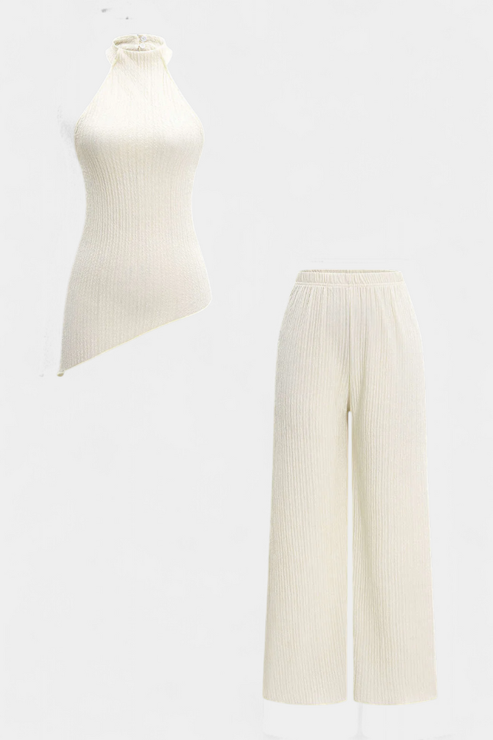 Ensemble Plissé Pilarica avec Top Asymétrique Halter et Pantalon Fluide