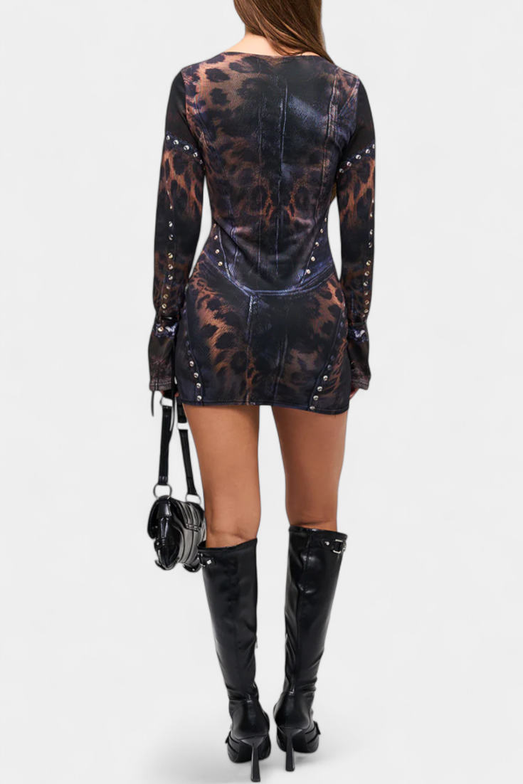 Robe Mini Tabea avec Manches Évasées et Imprimé Illusion