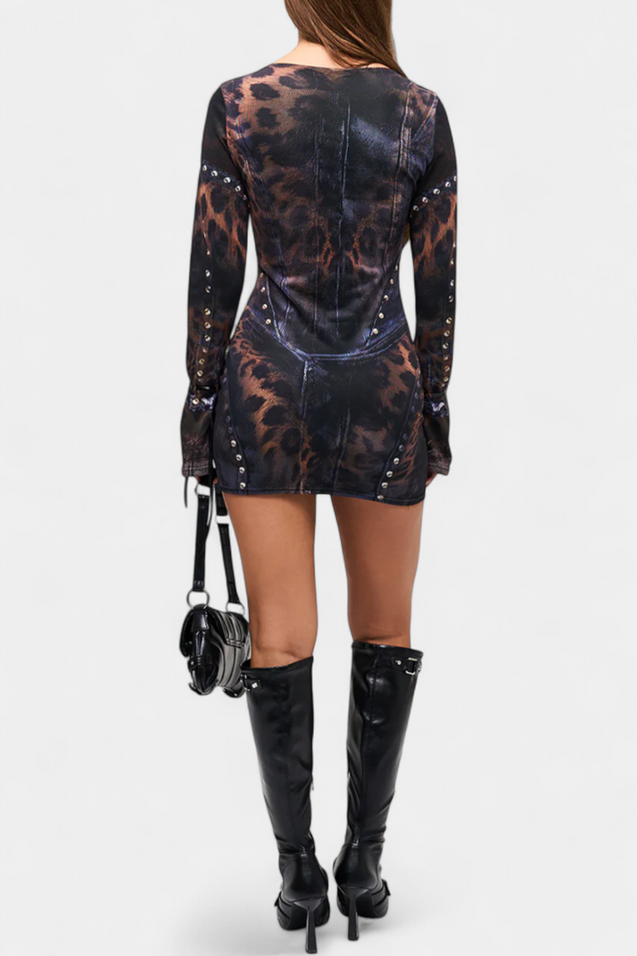 Robe Mini Tabea avec Manches Évasées et Imprimé Illusion