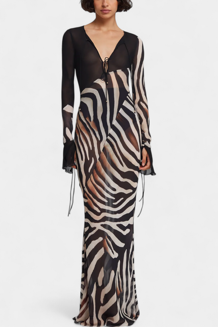 Robe Longue Imprimée Zèbre Taisia avec Décolleté Profond
