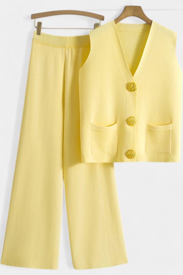 Jacey Ensemble en Maille avec Gilet et Pantalon à Jambe Large