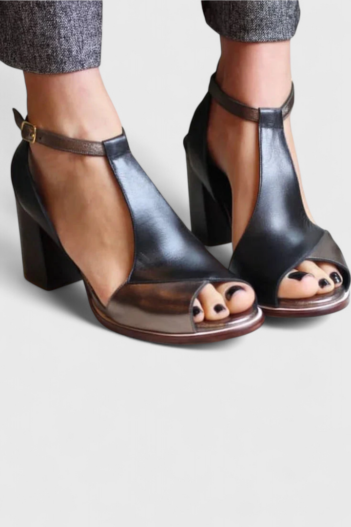 Vasilica Talons Épais avec Bout Ouvert, Patchwork et Sangle à la Cheville