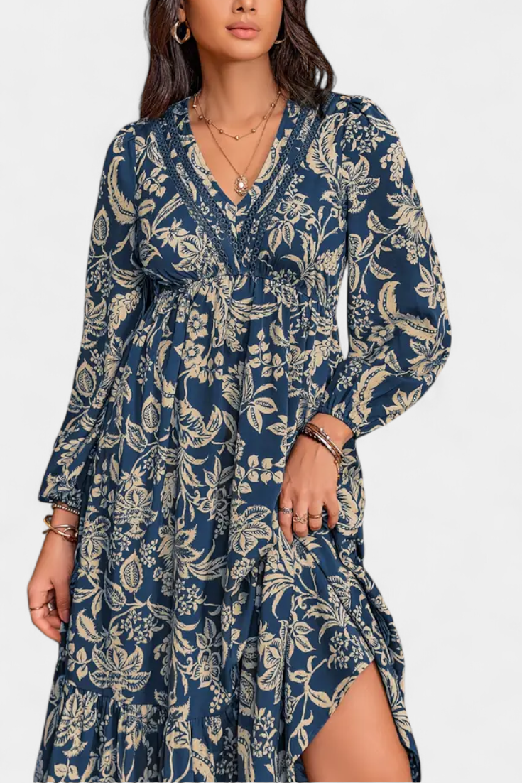Robe Maxi Bohémienne Lunetta avec Imprimé Floral et Manches Bouffantes