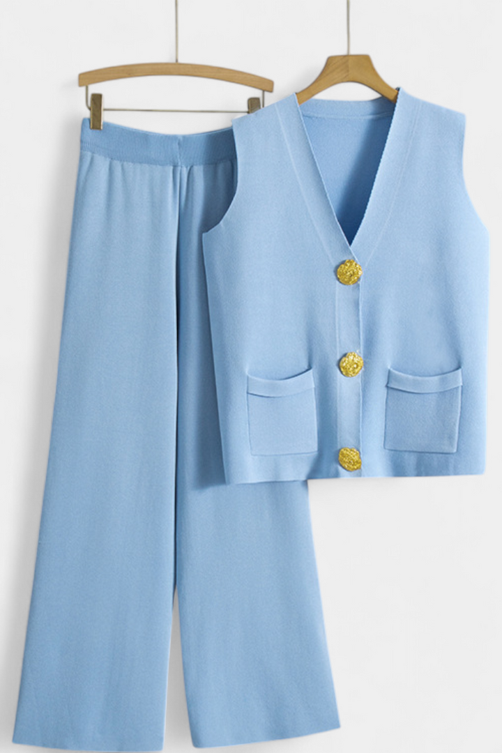 Jacey Ensemble en Maille avec Gilet et Pantalon à Jambe Large