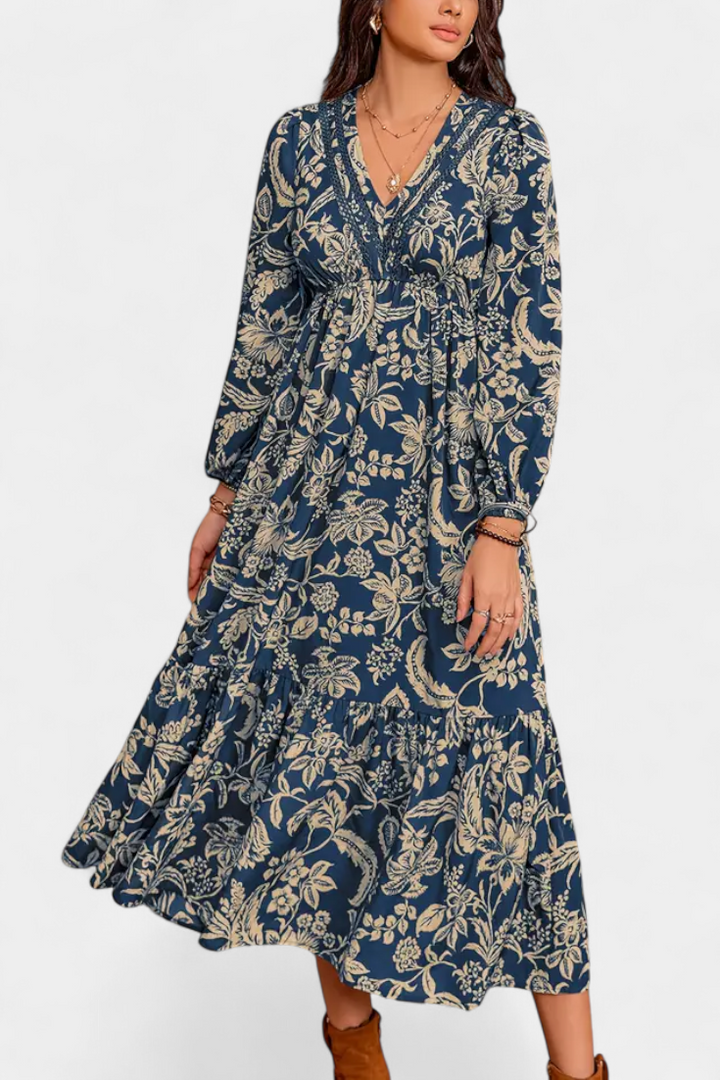 Robe Maxi Bohémienne Lunetta avec Imprimé Floral et Manches Bouffantes