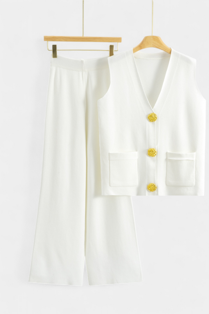 Jacey Ensemble en Maille avec Gilet et Pantalon à Jambe Large