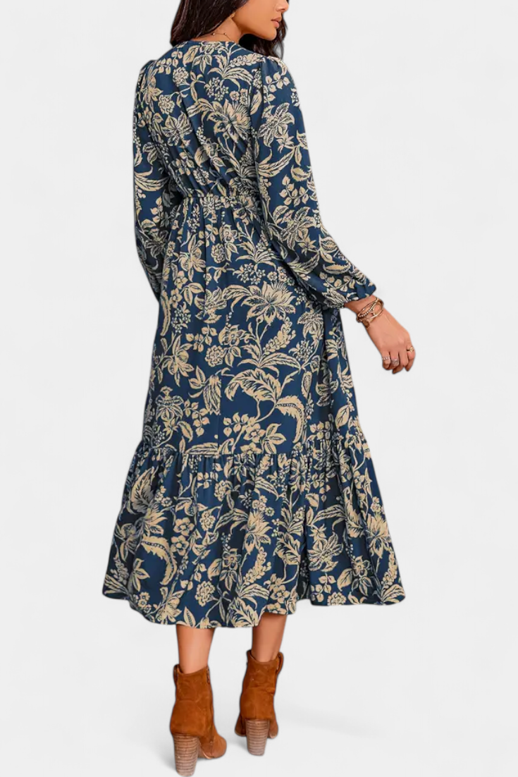 Robe Maxi Bohémienne Lunetta avec Imprimé Floral et Manches Bouffantes