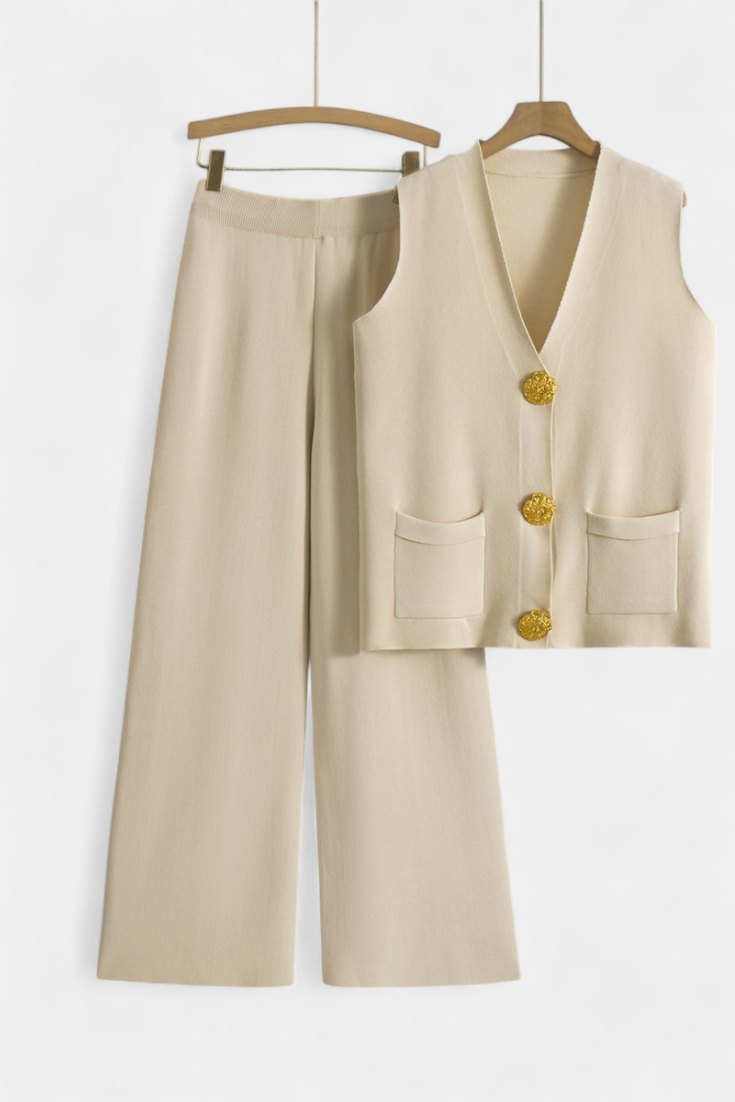 Jacey Ensemble en Maille avec Gilet et Pantalon à Jambe Large