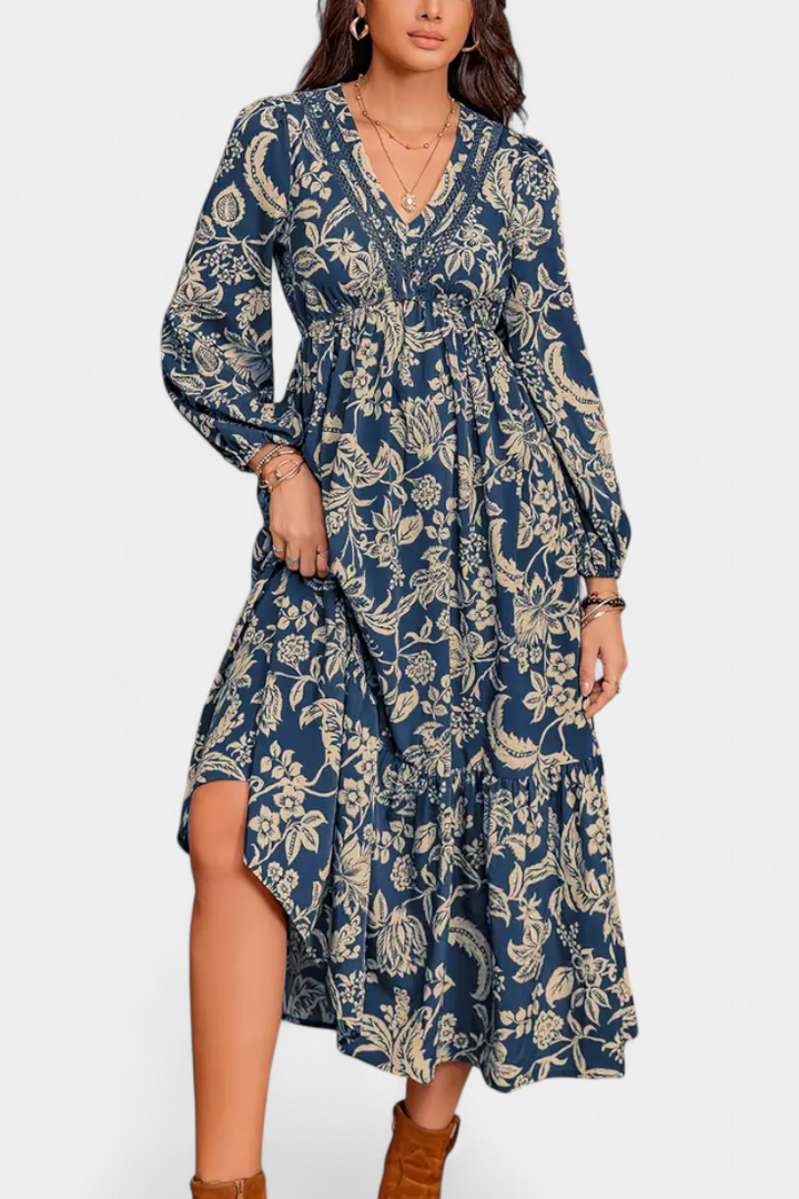 Robe Maxi Bohémienne Lunetta avec Imprimé Floral et Manches Bouffantes