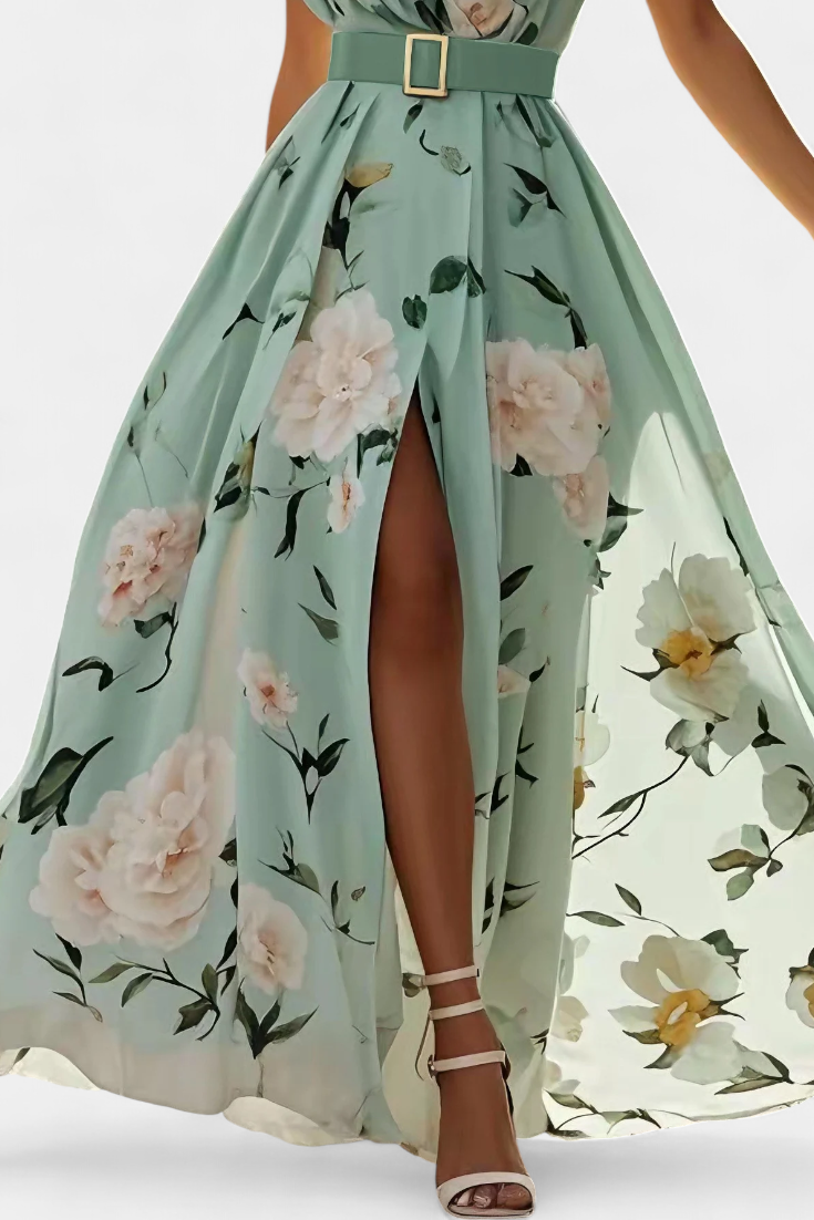 Nila Robe Florale avec Fronces et Fente en Chiffon