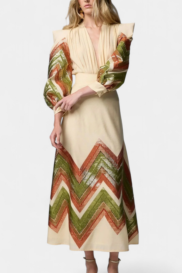 Avenza Ensemble de Body avec Manches Bouffantes et Jupe Midi Géométrique