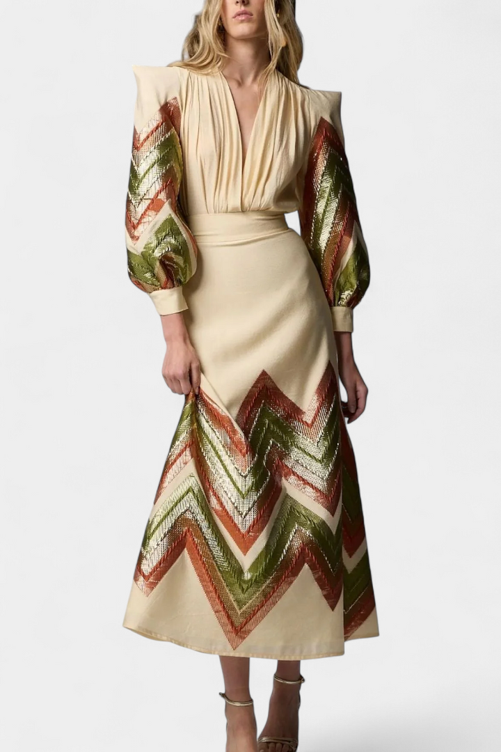 Avenza Ensemble de Body avec Manches Bouffantes et Jupe Midi Géométrique