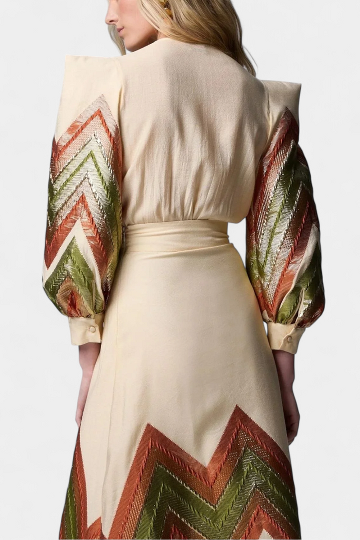 Avenza Ensemble Body avec Manches Bouffantes et Jupe Midi Géométrique