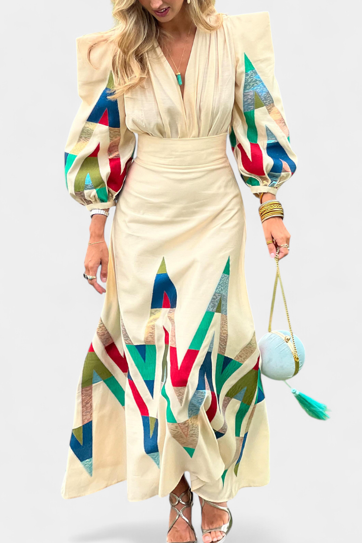 Avenza Ensemble Body avec Manches Bouffantes et Jupe Midi Géométrique
