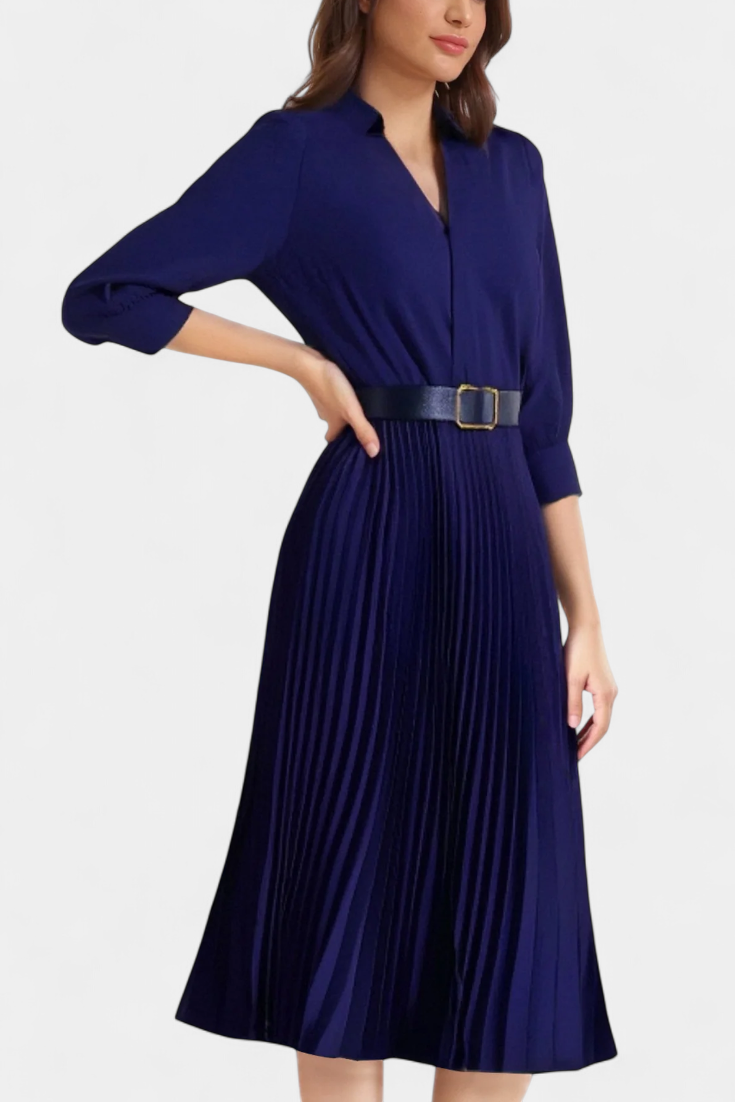 Robe Midi Michelle avec Col Tailleur et Ceinture Plissée