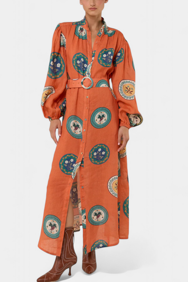 Robe Maxi Sibley en Lin avec Imprimé Exclusif et Ceinture