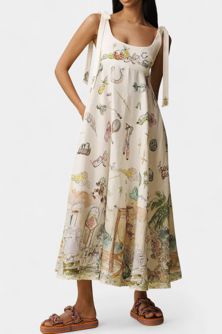 Robe Longue avec Lacets et Imprimé Floral Fantaisie