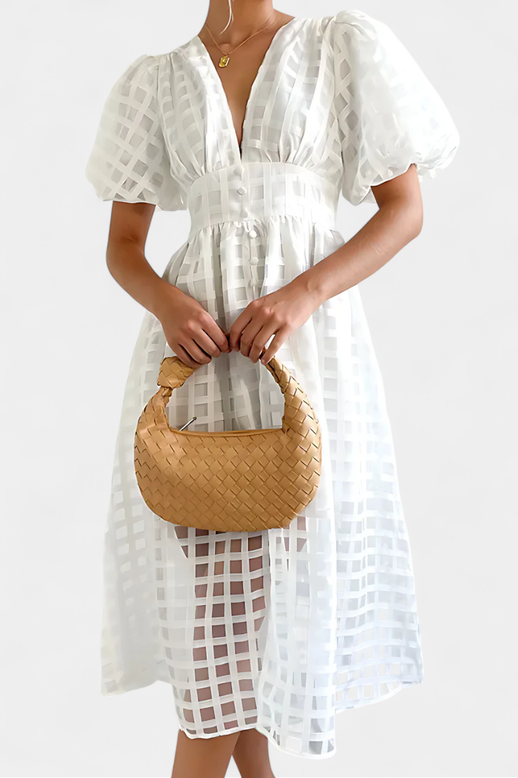 Robe Midi Marigold à Manches Bouffantes avec Motif à Carreaux