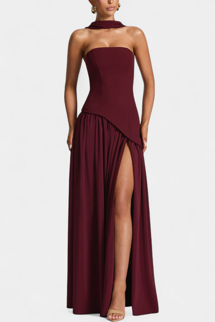 Robe Maxi Celaena en Chiffon Off Shoulder avec Fente Latérale