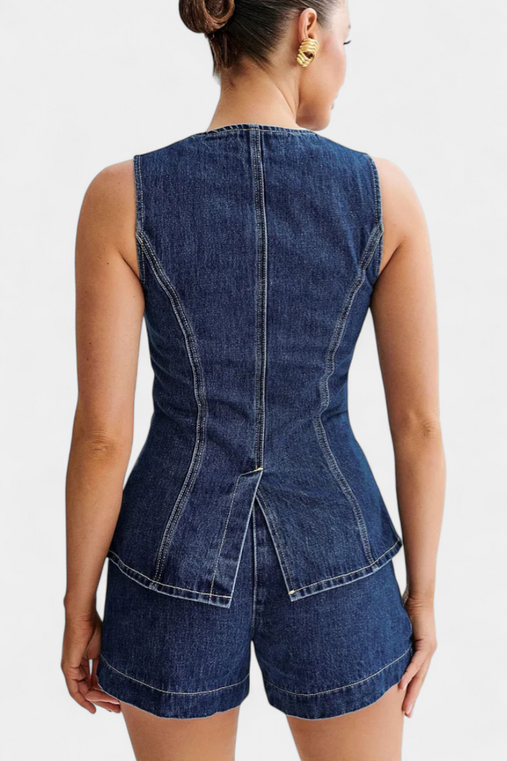 Ensemble Raya : Gilet en Denim Sans Manches et Shorts Taille Haute