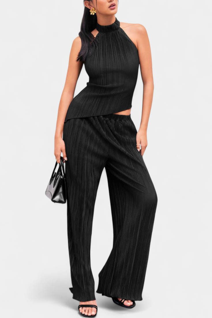Ensemble Plissé Pilarica avec Top Asymétrique Halter et Pantalon Fluide