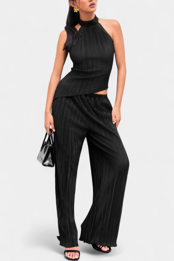 Ensemble Plissé Pilarica avec Top Asymétrique Halter et Pantalon Fluide