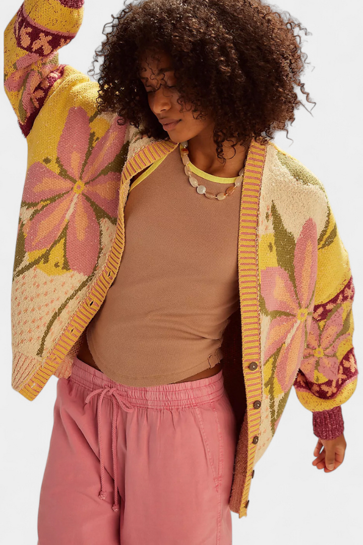 Cardigan en Punto avec Motif Floral et Coupe Ample