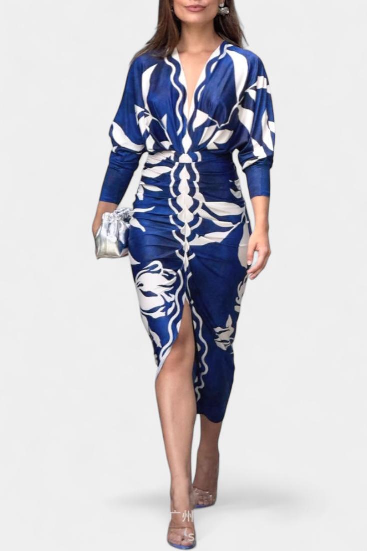 Robe Longue Diva avec Imprimé Floral, Décolleté en V et Fente Latérale