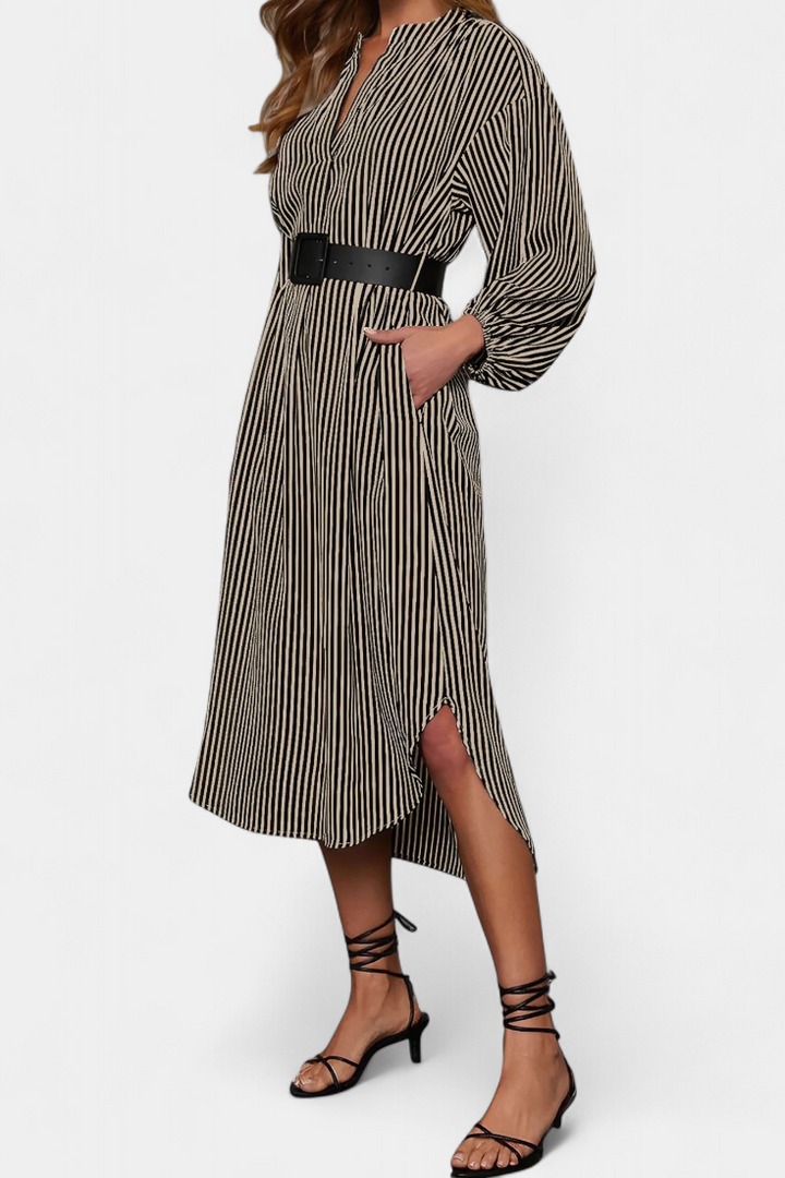 Eliana Robe Rayée avec Ceinture et Col en V
