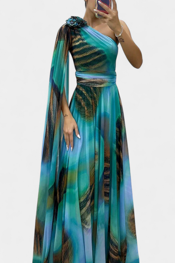 Robe Longue Cedara à Une Épaule avec Détail Floral