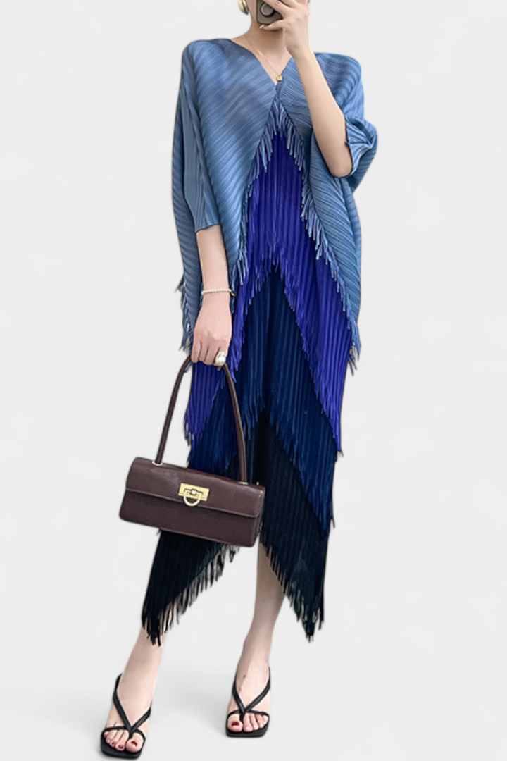 Andalousie Robe avec Franges et Blocs de Couleurs Contrastants