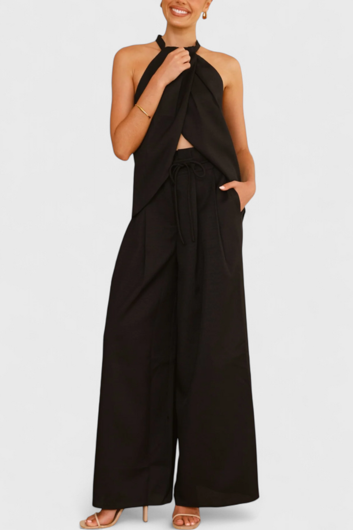Ensemble Bernadina en Lin avec Top à Ouverture Frontale et Pantalon à Jambes Amples