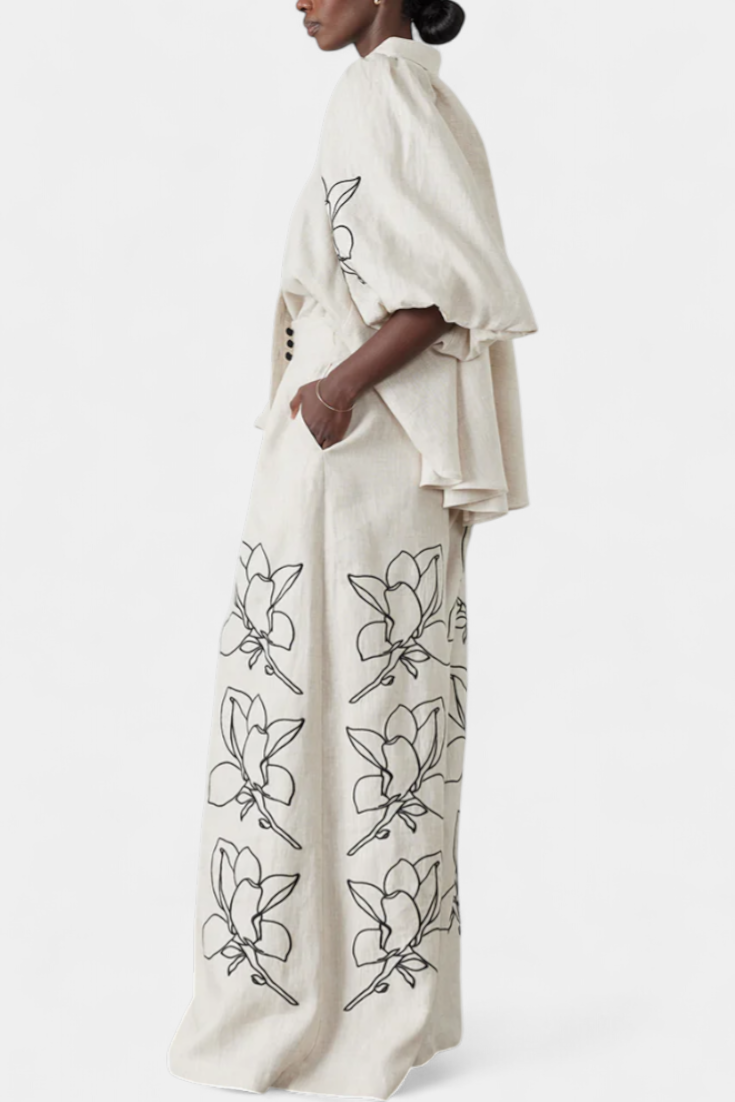 Helen Ensemble Floral de Pantalon Large et Manches Bouffantes