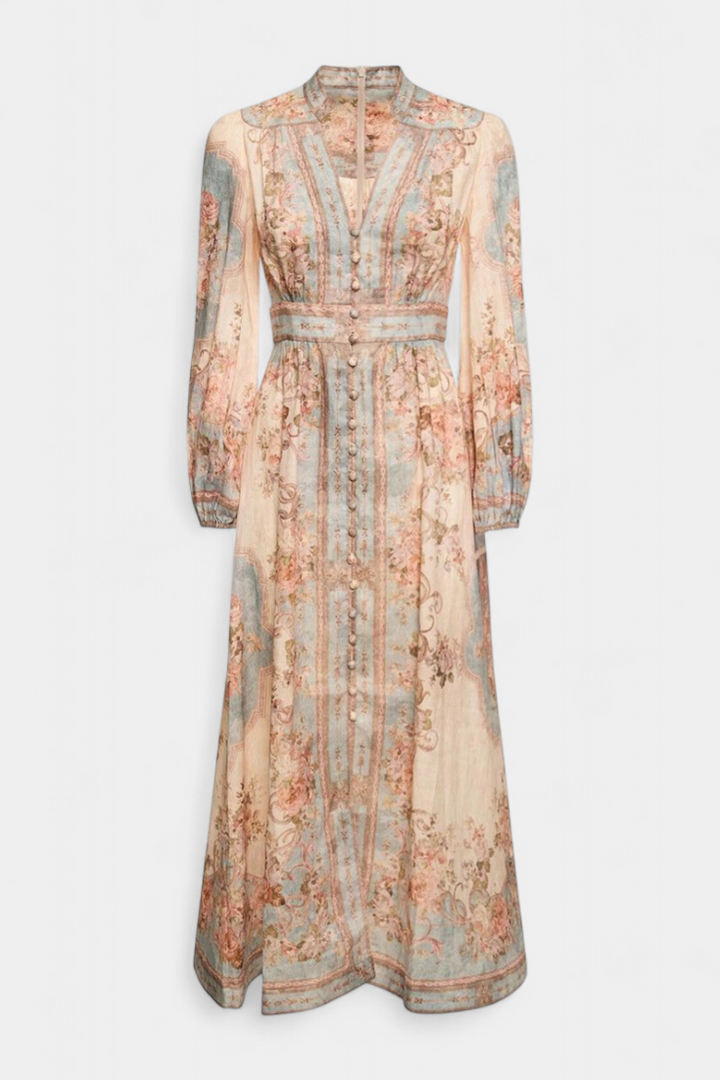 Dorotila Robe Maxi Évasée avec Imprimé Floral, Boutons et Manches Bouffantes