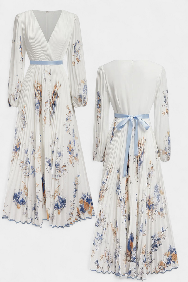 Robe Longue en Chiffon Plissé Phaedra avec Manches Bouffantes