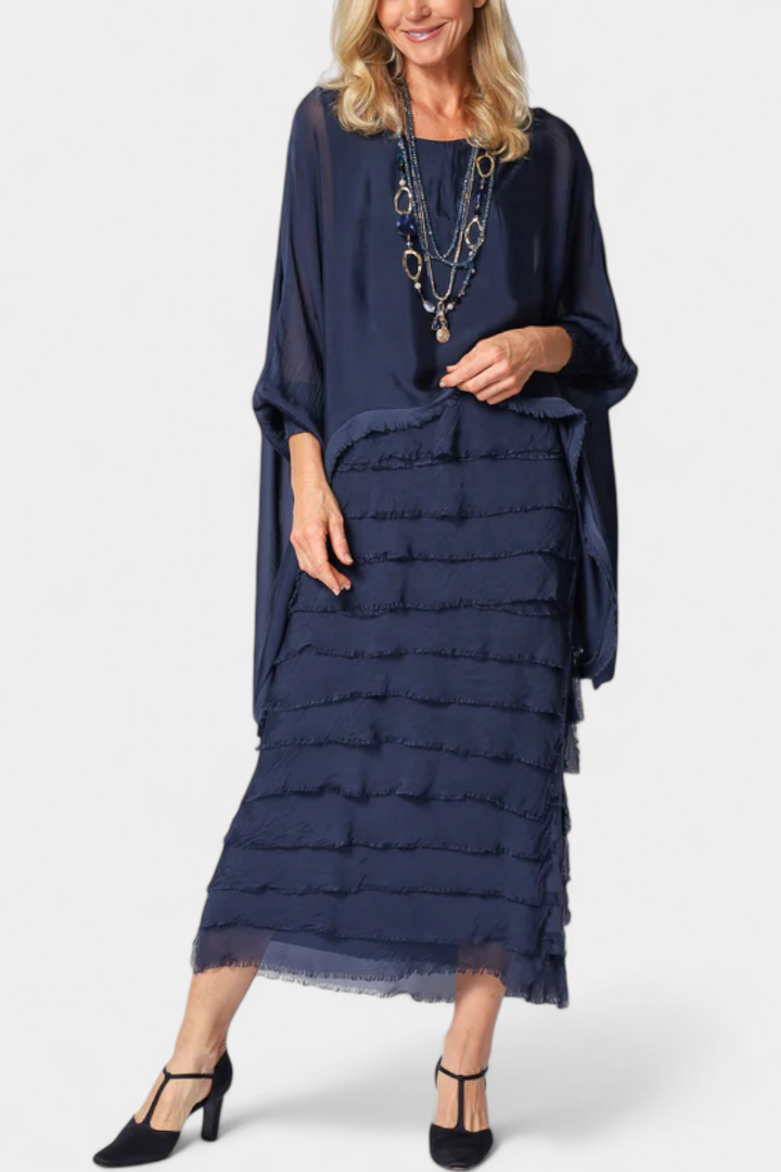 Robe Midi Rosaria avec Volants et Bords Effilochés