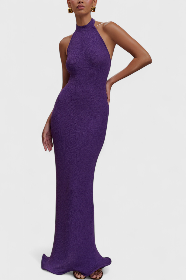 Robe Longue Trinity en Tricot avec Décolleté Halter et Dos Nu