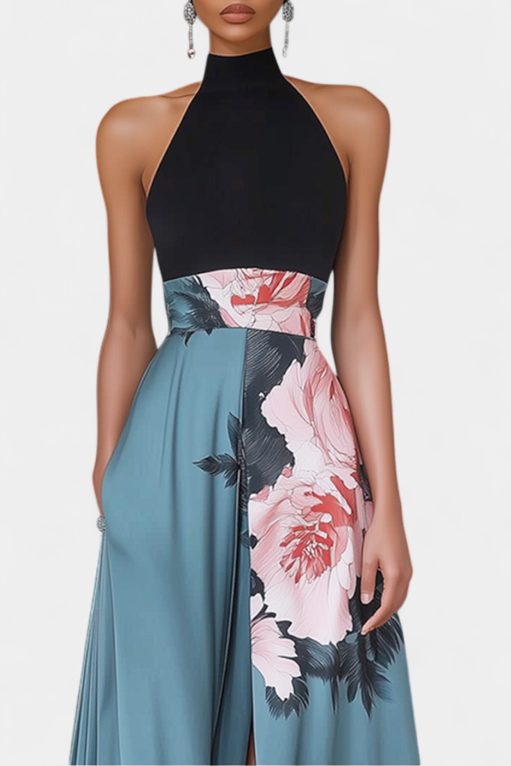 Radmila Robe A-Line avec Corps Noir et Jupe Florale en Contraste