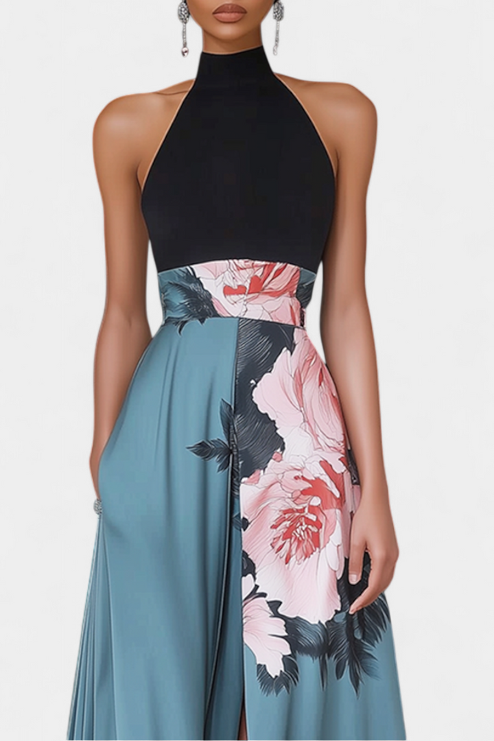 Radmila Robe A-Line avec Corps Noir et Jupe Florale en Contraste