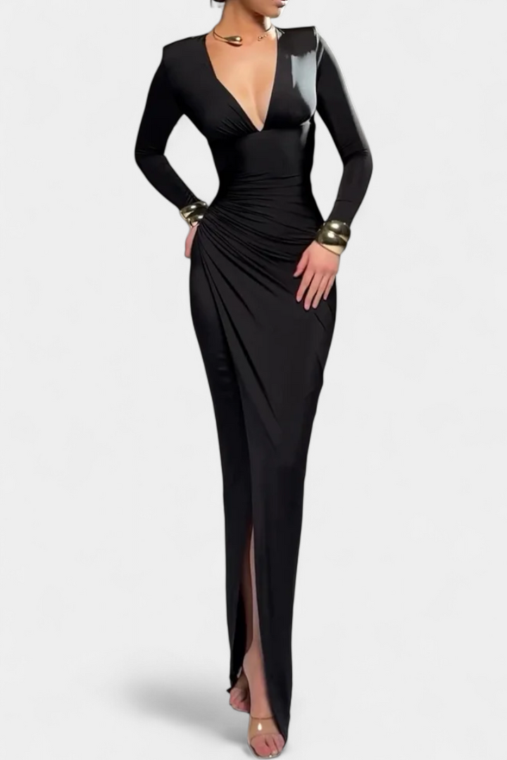 Robe Freda à Manches Longues avec Décolleté en V et Plis