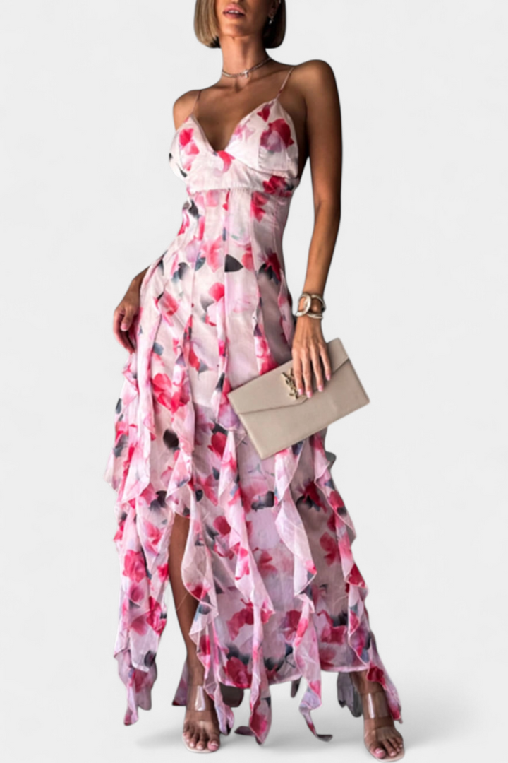 Robe Maxi Bonnie avec Volants Floraux et Découpe Latérale