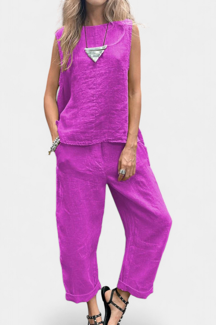 Leona Ensemble de Gilet et Pantalon Sans Manches en Coton Lin