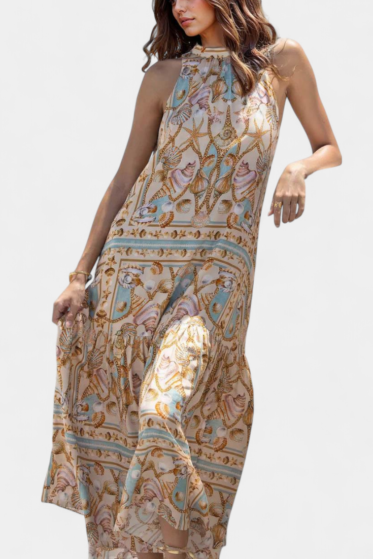 Robe Longue Silky Teófila avec Imprimé Trésors de l'Océan