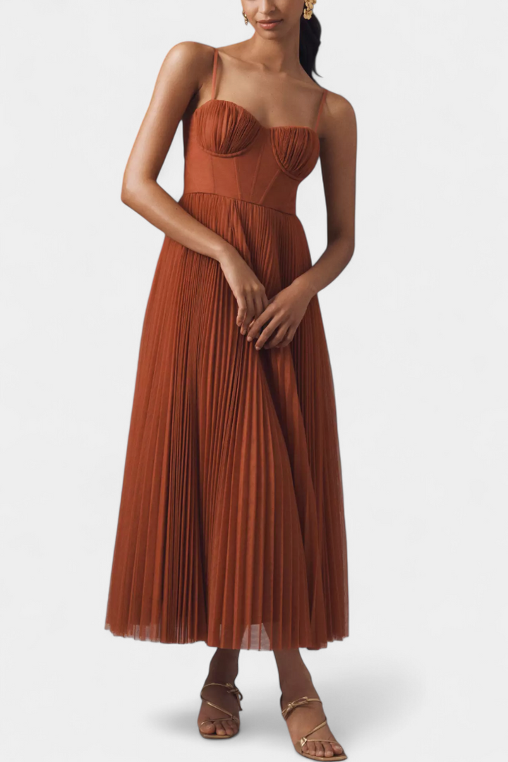 Ottilie Robe en Chiffon Plissé avec Corset Sculpté et Décolleté en Coeur