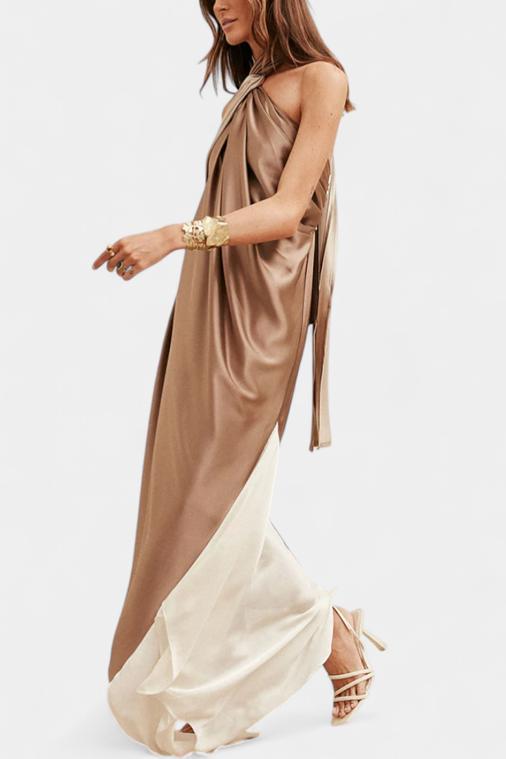 Robe Maxi Irrégulière en Coloris Bloc avec Dos Nu