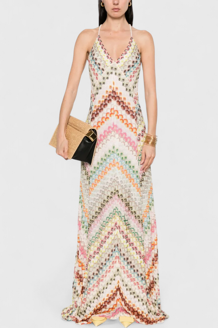 Robe Longue en Dentelle Agustina avec Décolleté en V et Motif Zigzag